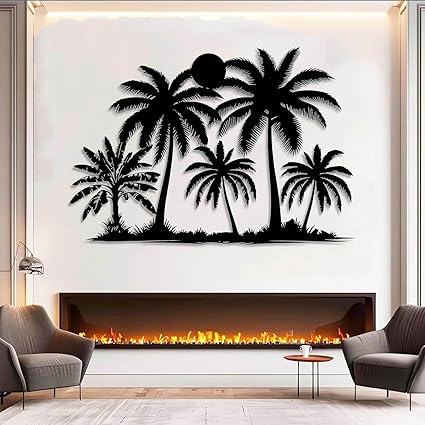 Tuglona Metal Palm Tree with Sunset Wall Decor, Tropical Palm Tree Metal Wall Art, Tropical Wall Decor, Sun Wall Art, Beach Wall Decoration, Coastal Trees Wall Hanging (Black, 35"x25"/90x62cm)