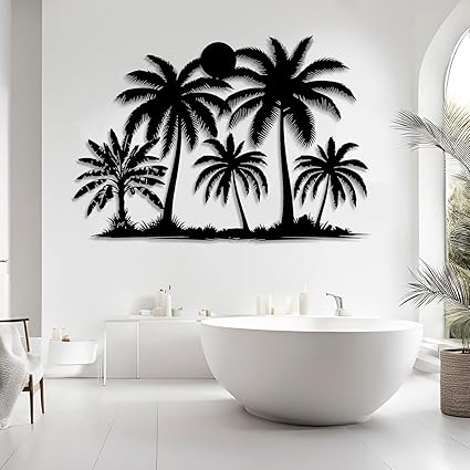 Tuglona Metal Palm Tree with Sunset Wall Decor, Tropical Palm Tree Metal Wall Art, Tropical Wall Decor, Sun Wall Art, Beach Wall Decoration, Coastal Trees Wall Hanging (Black, 35"x25"/90x62cm)