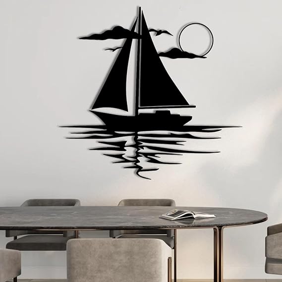 ENJOYOO Sunset Metal Wall Art, Sailboat Metal Wall Decor, Wall Art Sailboats for Living Room, Bathroom, Outdoor (Black, 19×17in/47×44cm, metal wall art)