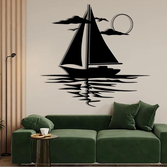 ENJOYOO Sunset Metal Wall Art, Sailboat Metal Wall Decor, Wall Art Sailboats for Living Room, Bathroom, Outdoor (Black, 19×17in/47×44cm, metal wall art)