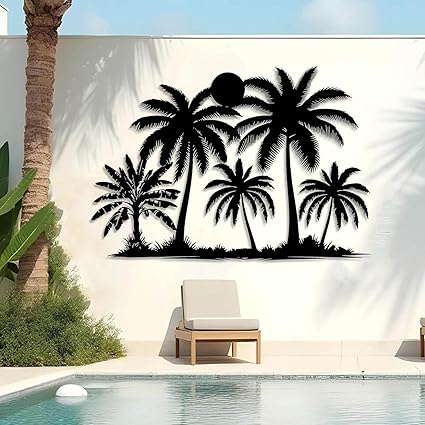 Tuglona Metal Palm Tree with Sunset Wall Decor, Tropical Palm Tree Metal Wall Art, Tropical Wall Decor, Sun Wall Art, Beach Wall Decoration, Coastal Trees Wall Hanging (Black, 35"x25"/90x62cm)