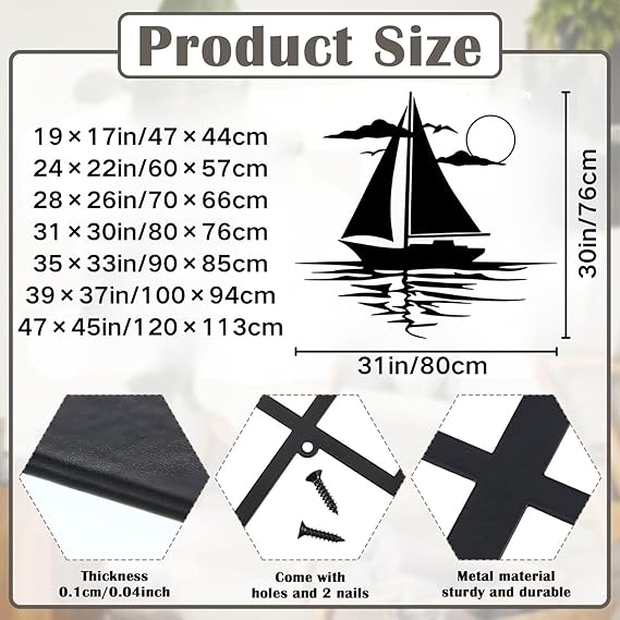 ENJOYOO Sunset Metal Wall Art, Sailboat Metal Wall Decor, Wall Art Sailboats for Living Room, Bathroom, Outdoor (Black, 19×17in/47×44cm, metal wall art)